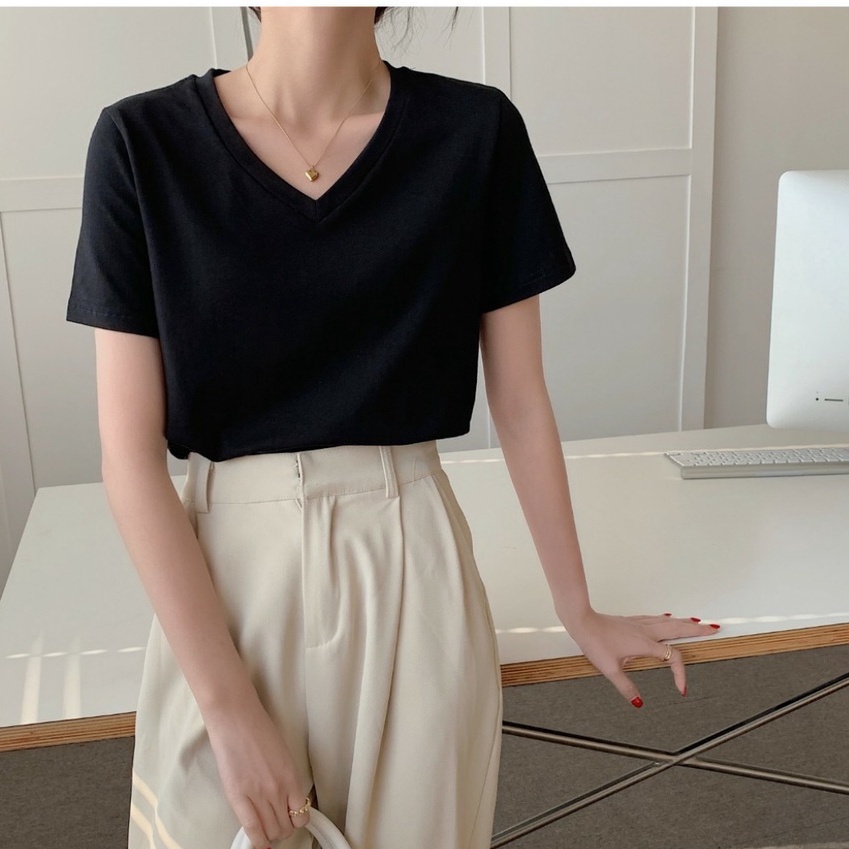 Áo thun cổ tim chất cotton nữ ANHSTORE thun cổ V chất cotton thời trang