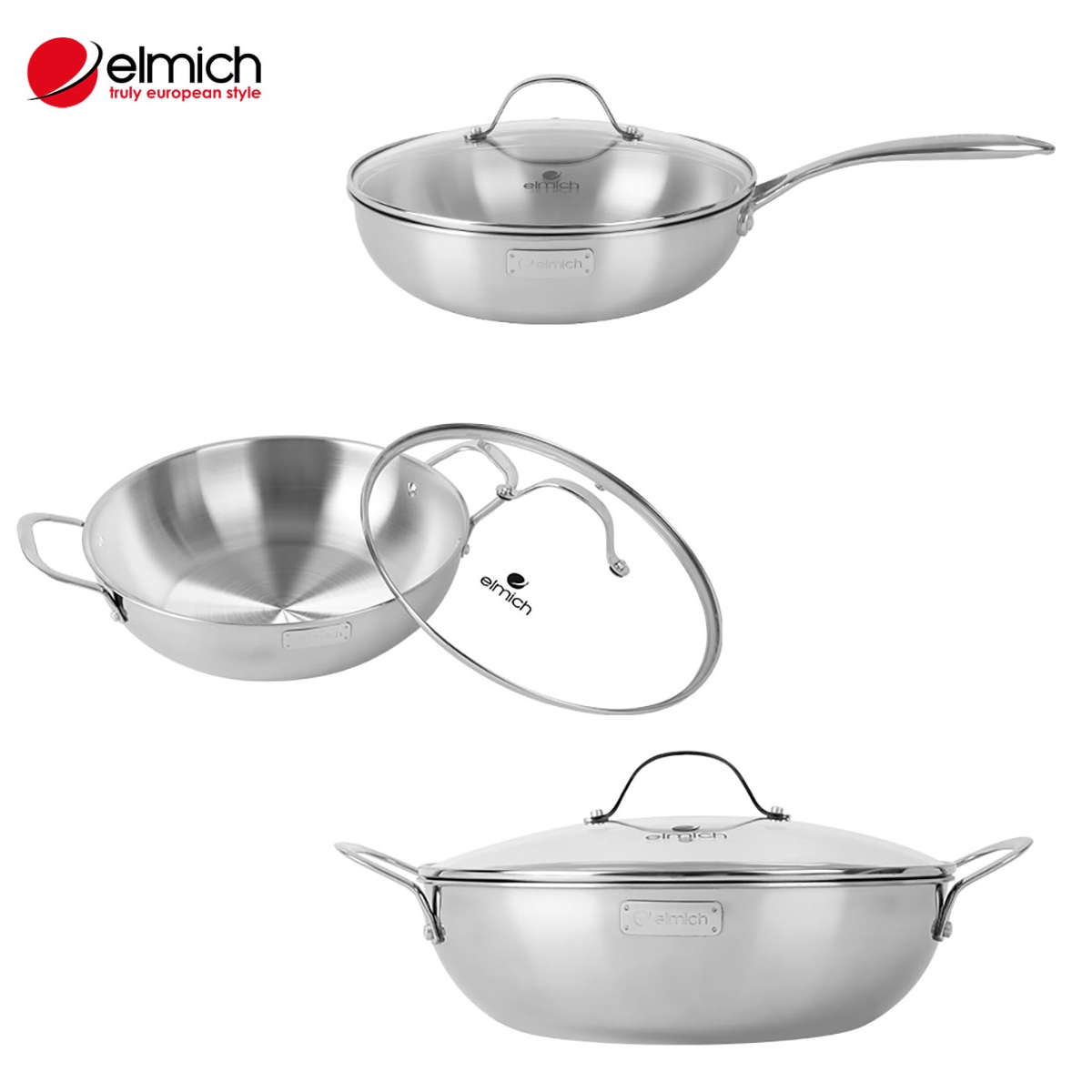 Chảo Inox 304 cao cấp 3 Lớp Đáy Liền Elmich Trimax hàng chính hãng, bảo hành 5 năm size 26cm/28cm/30cm