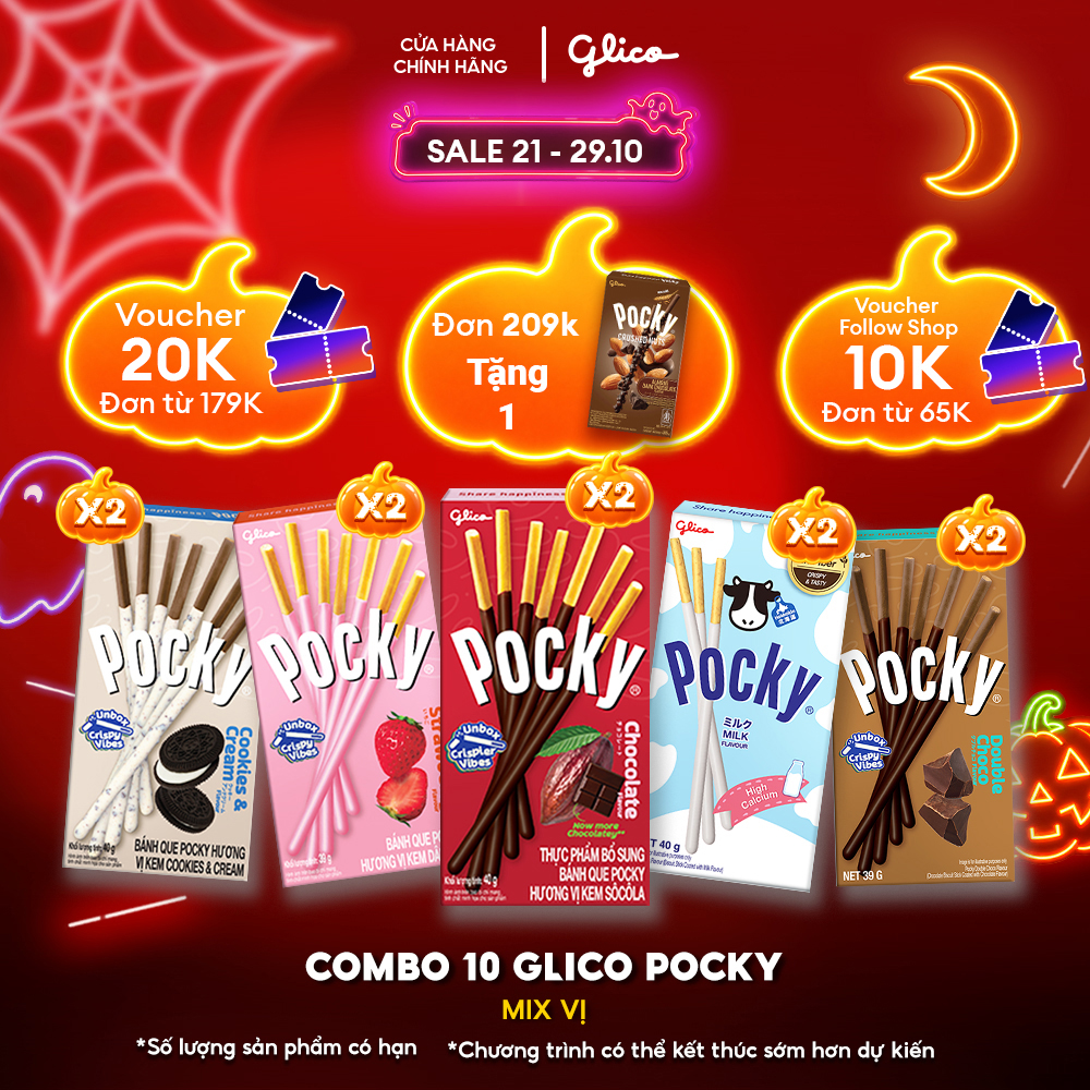 Combo 10 Hộp Bánh Que Phủ Kem Nhiều Vị Glico Pocky (00458_2 Dâu - 2 Cookies  Cream - 2 Socola - 2 Double Choco - 2 Sữa)
