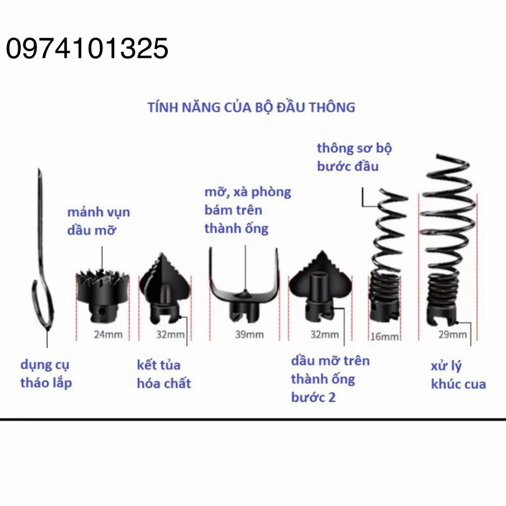 Bộ dây thông tắc cống lò xo 16mm kèm phụ kiện 3m, 6m, 9m, 12m, 15m, 18m dây thông cống dùng cho máy khoan