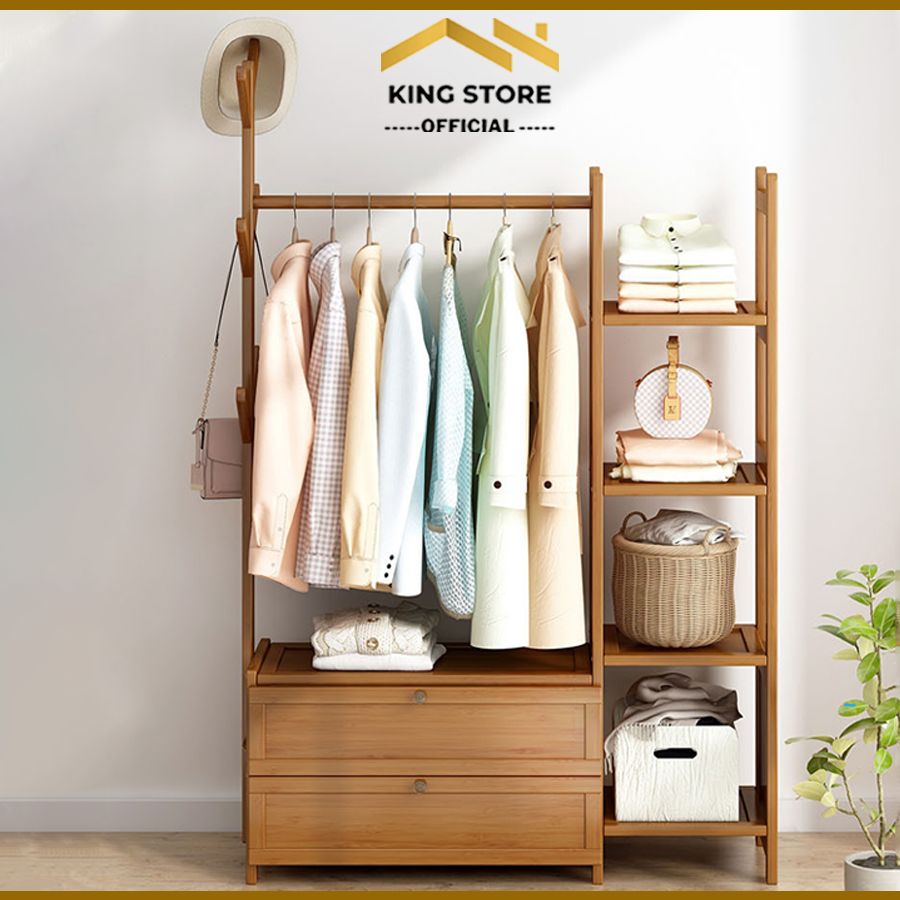 Tủ treo quần áo bằng gỗ tre 3 tầng thông minh có kệ để giày dép 138x100x30cm, kệ treo quần áo bằng gỗ cao cấp - King Store