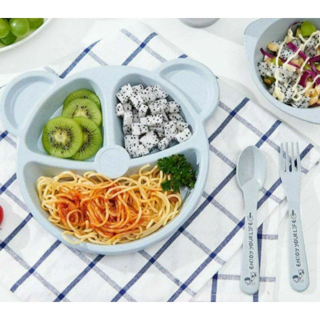 Khay ăn dặm lúa mạch hình gấu 4 món - bát ăn dặm lúa mạch đựng đồ ăn an toàn tiện dụng - Khay Ăn Dặm, Cốc, Bát Ăn Dặm, Thìa, Dĩa - khay an dam thức ăn cho bé