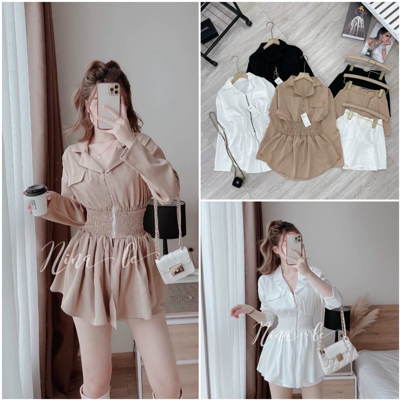 Set jum đồ nữ áo cổ vest chun eo, bộ đồ nữ công sở sang chảnh