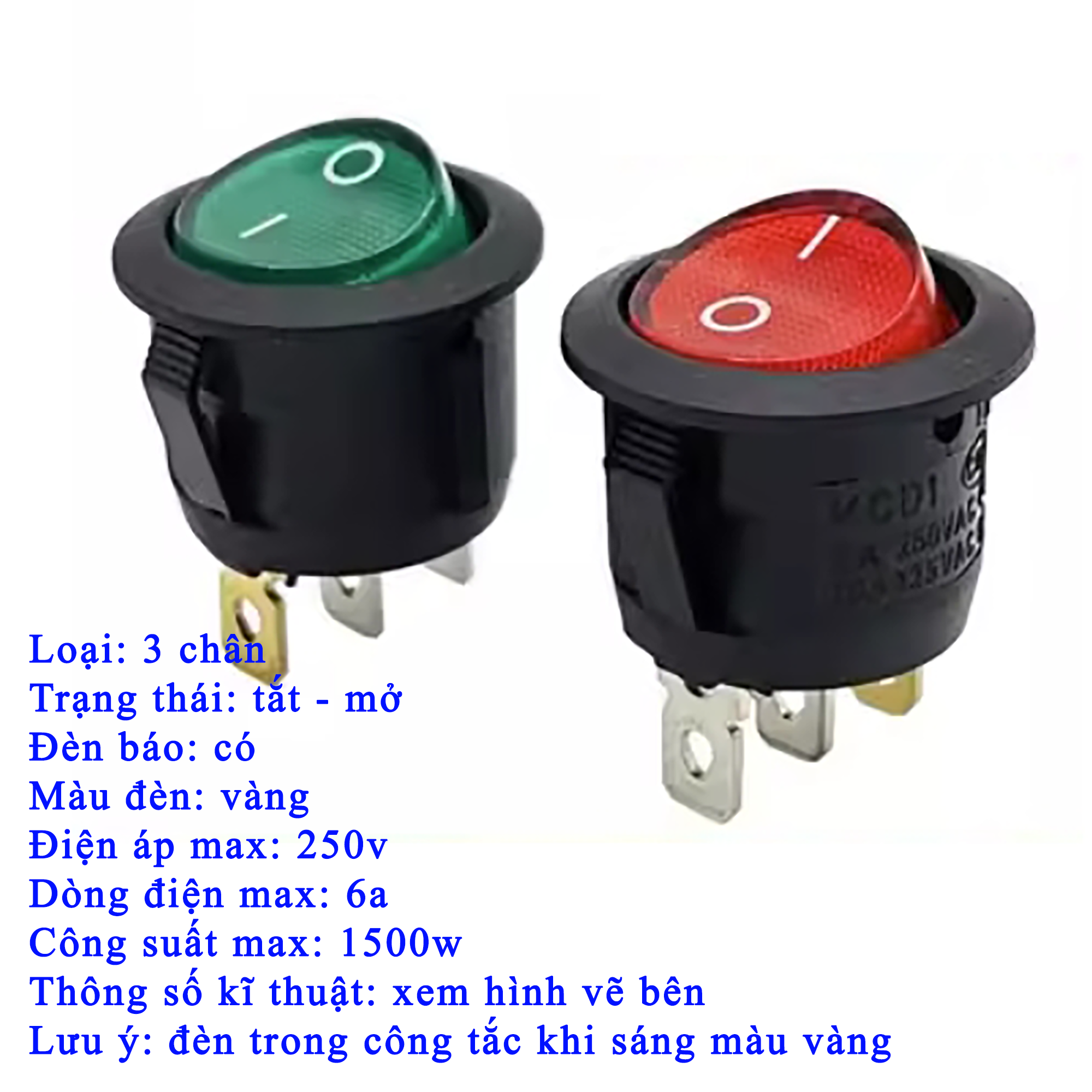 Công tắc 3 chân tròn có đèn báo - công tắc on/off lỗ 2cm