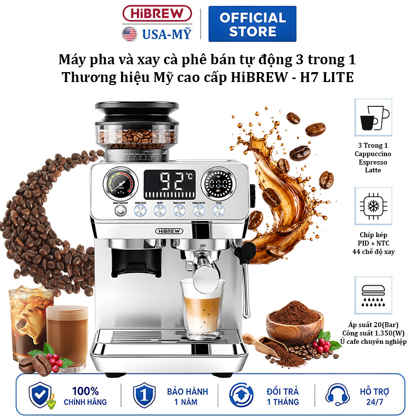 Máy pha và xay cà phê bán tự động 44 chế độ xay thương hiệu Mỹ cao cấp HiBREW H7 LITE 1350W - Áp suất 20bar - Bảo hành 1 năm