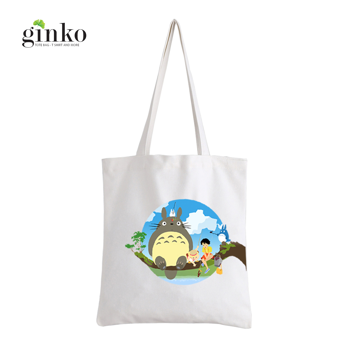 Túi vải tote ginko kiểu basic dây kéo in hình totoro & friends g13