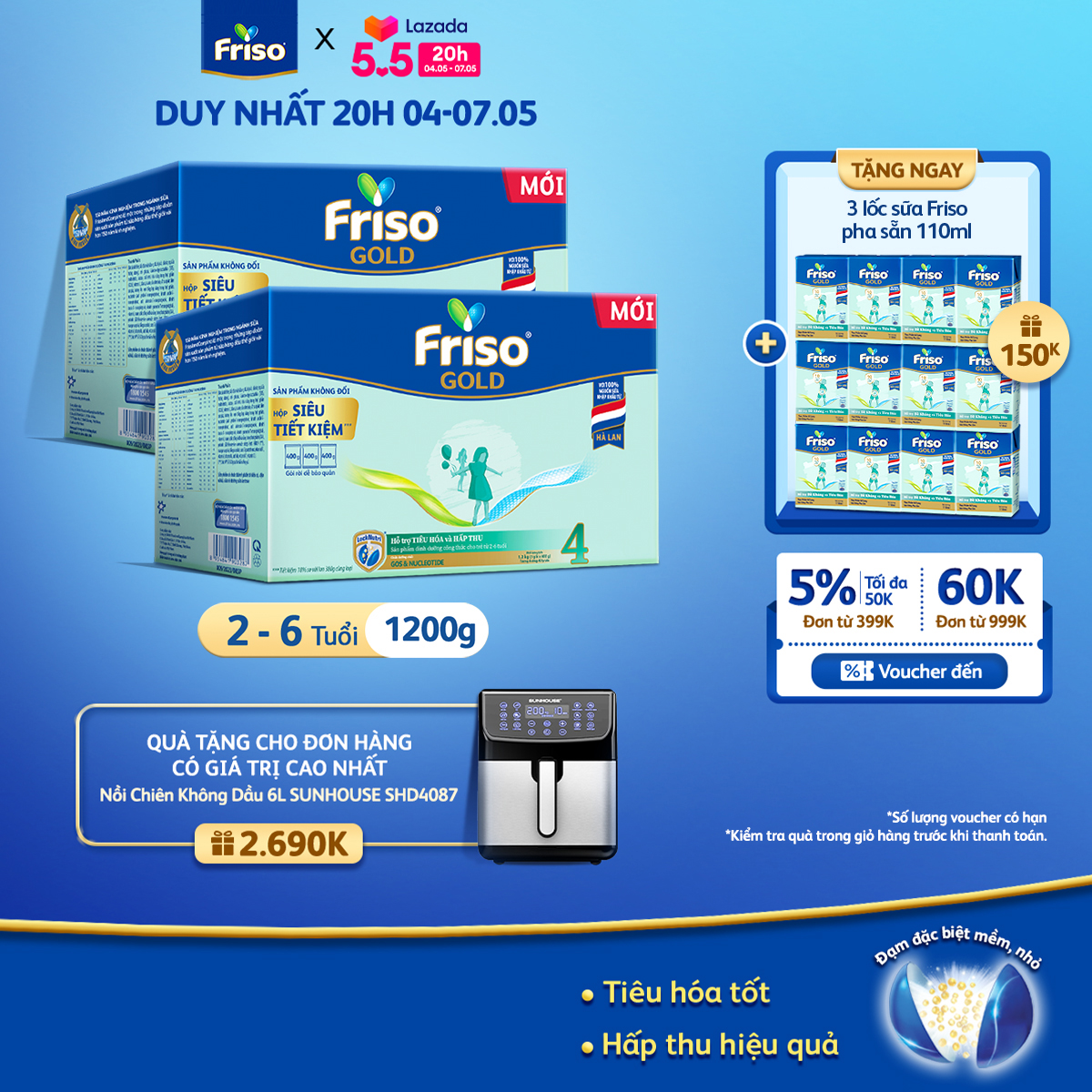 [15-17/05 VOUCHER ĐẾN 1 TRIỆU] [Tặng 3 lốc RTD 110ml] Combo 2 Hộp Sữa Bột Friso Gold 4 Hộp Giấy 1200g/hộp