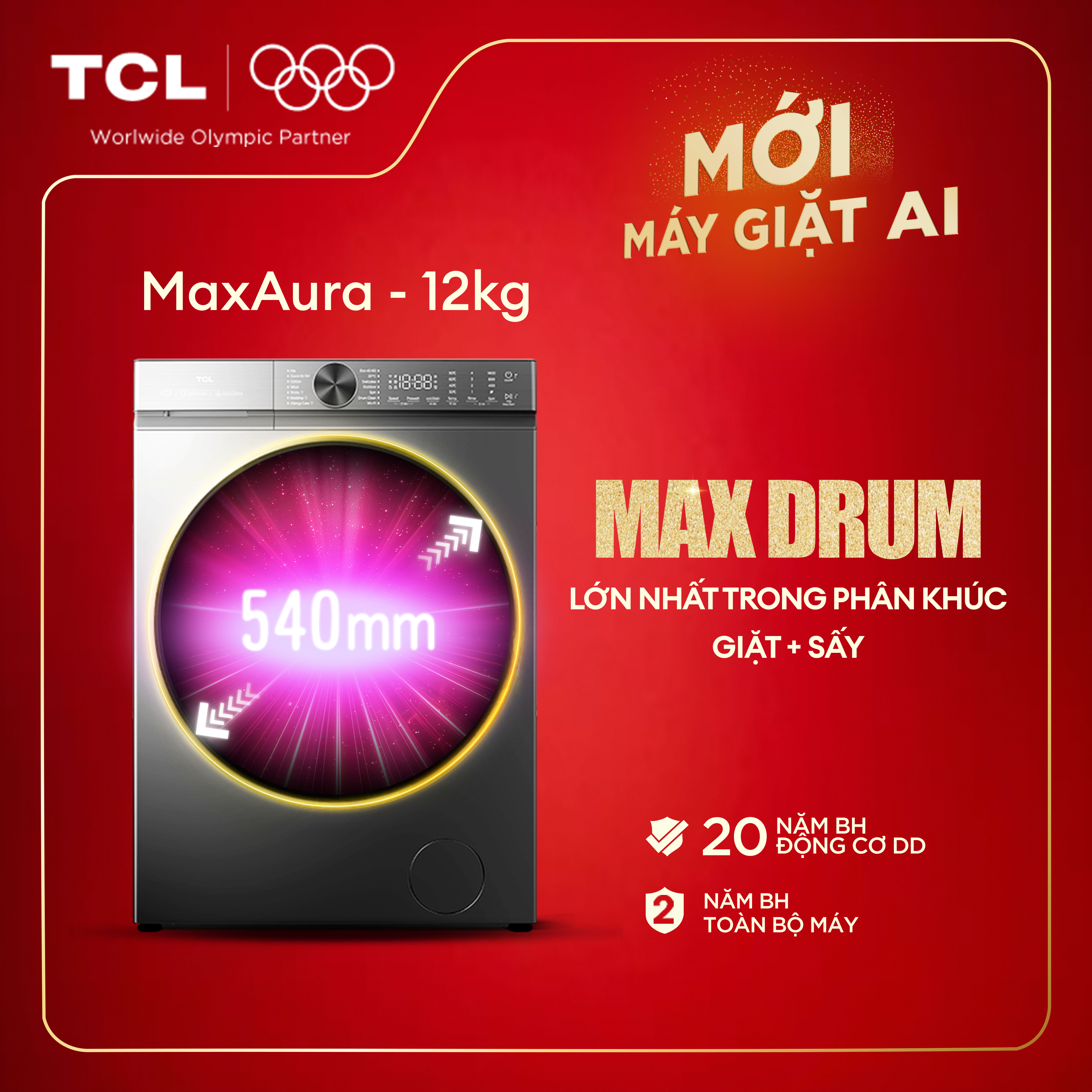  【Miễn Phí Lắp Đặt Cơ Bản Toàn Quốc Máy Giặt Sấy TCL Max Drum 12KG - Động Cơ DD Inverter Cao Cấp - TWD120-C682DG - Máy Giặt Sấy Cửa Trước - Lồng Giặt Siêu Lớn 