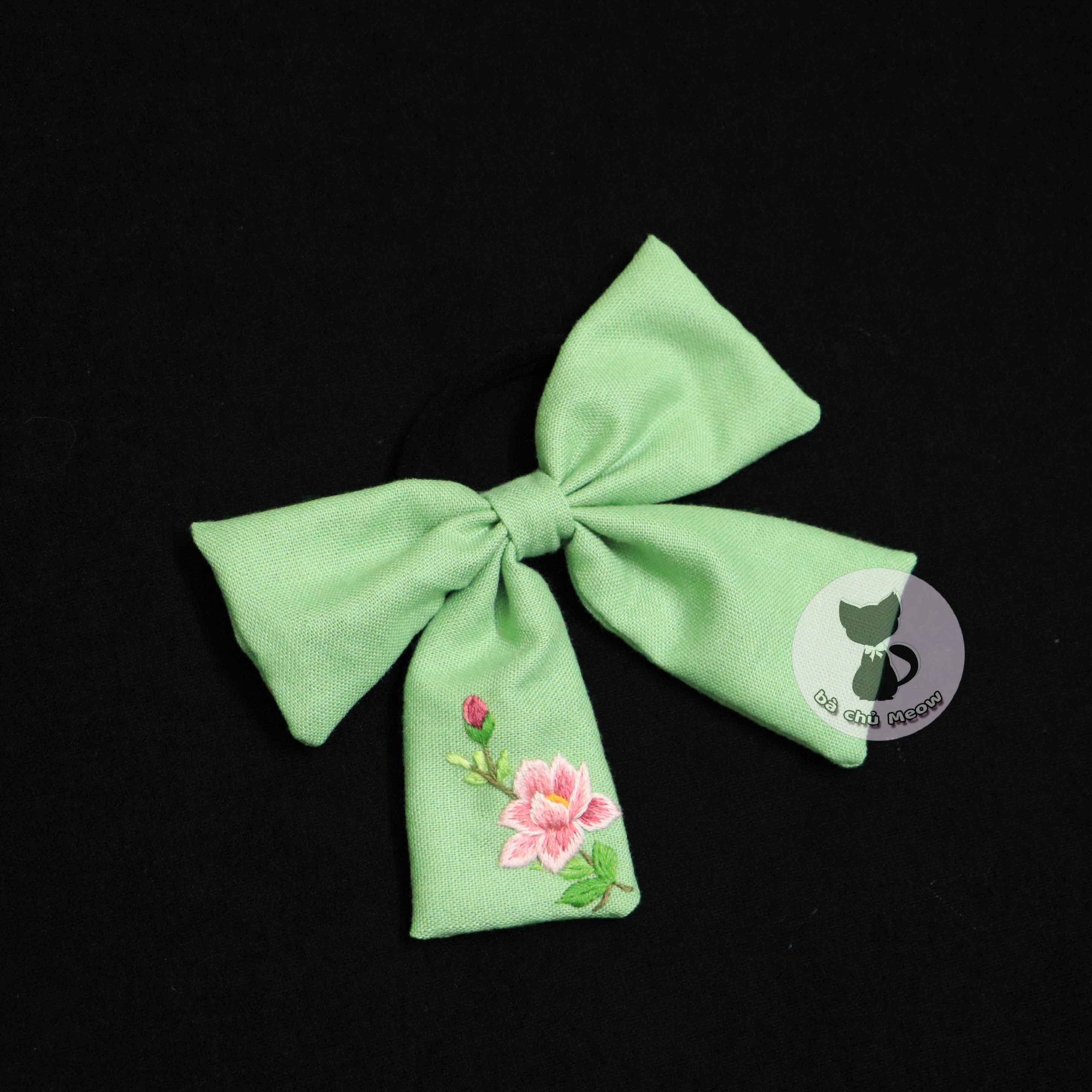 Đồ cột tóc hoa - dây cột tóc thêu tay - scrunchies thắt nơ xanh matcha