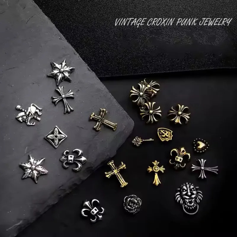 Trang sức kim loại bạc và vintage cho nghệ thuật móng tay, bán buôn, phong cách punk, thánh giá scout, hoa, tối màu