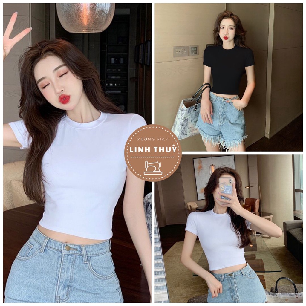 Áo croptop cổ tròn tay cộc dáng ôm body - Áo thun body trắng kiểu hở ôm lưng giá rẻ chuẩn form tôn dáng nữ