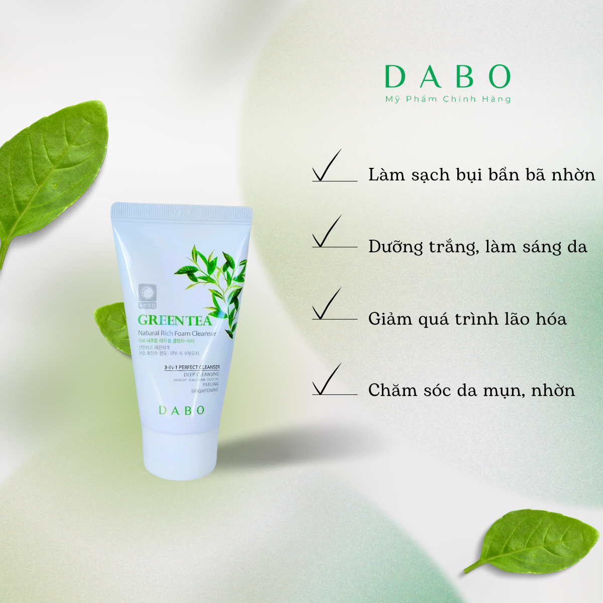 Sữa rửa mặt dabo trà xanh 3 in 1 cao cấp size du lịch 60ml