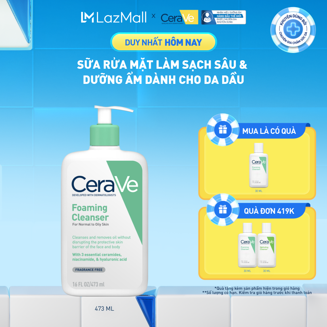 Sữa rửa mặt foaming giúp làm sạch sâu và dưỡng ẩm dịu nhẹ dành cho da dầu - CeraVe Foaming Facial Cleanser 473ML