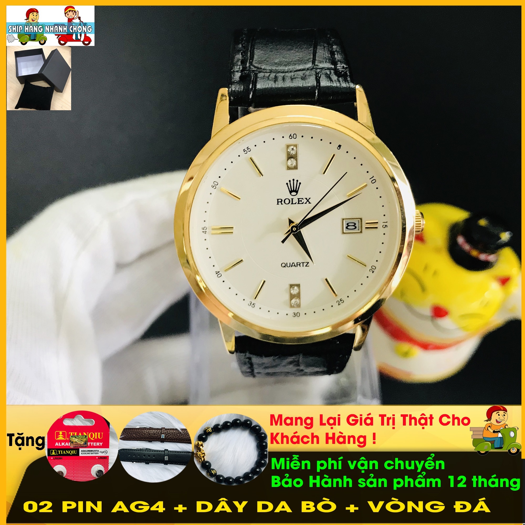 ĐỒNG HỒ NAM, Mã Sản Phẩm 5281G, DÂY DA BÒ THẬT, CÓ LỊCH NGÀY, MẶT KÍNH CHỐNG XƯỚC, COMBO Ba Quà Tặng TẶNG DÂY DA BÒ, TẶNG 02 PIN AG4, VÒNG ĐÁ TỲ HƯU PHONG THỦY