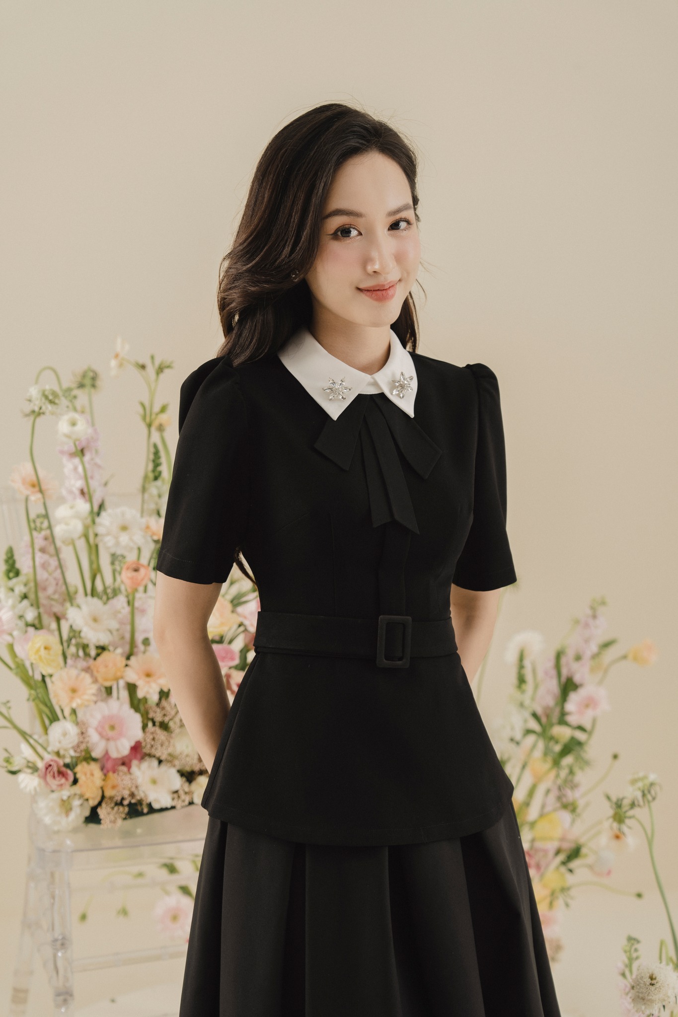 Áo sơ mi phối cổ đính đá peplum đai tiinstore ahn684