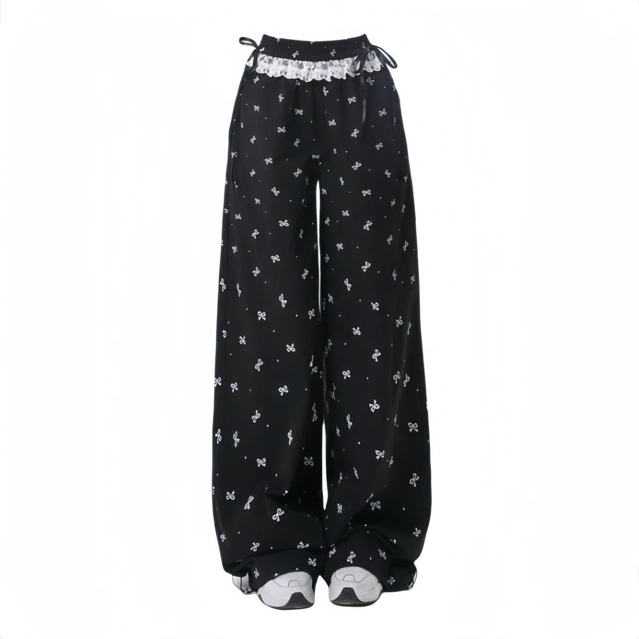  Quần dài ống rộng Chất Dù có dây rút lai Phối ren ở lưng đính nơ T652 Lưng Chun Unsiex cho Nữ 