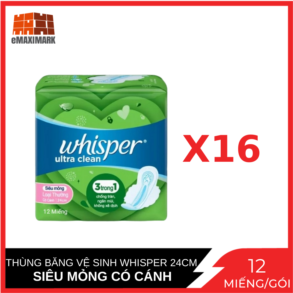 Thùng 16 bịch băng vệ sinh whisper siêu mỏng ngày gói 12 miếng