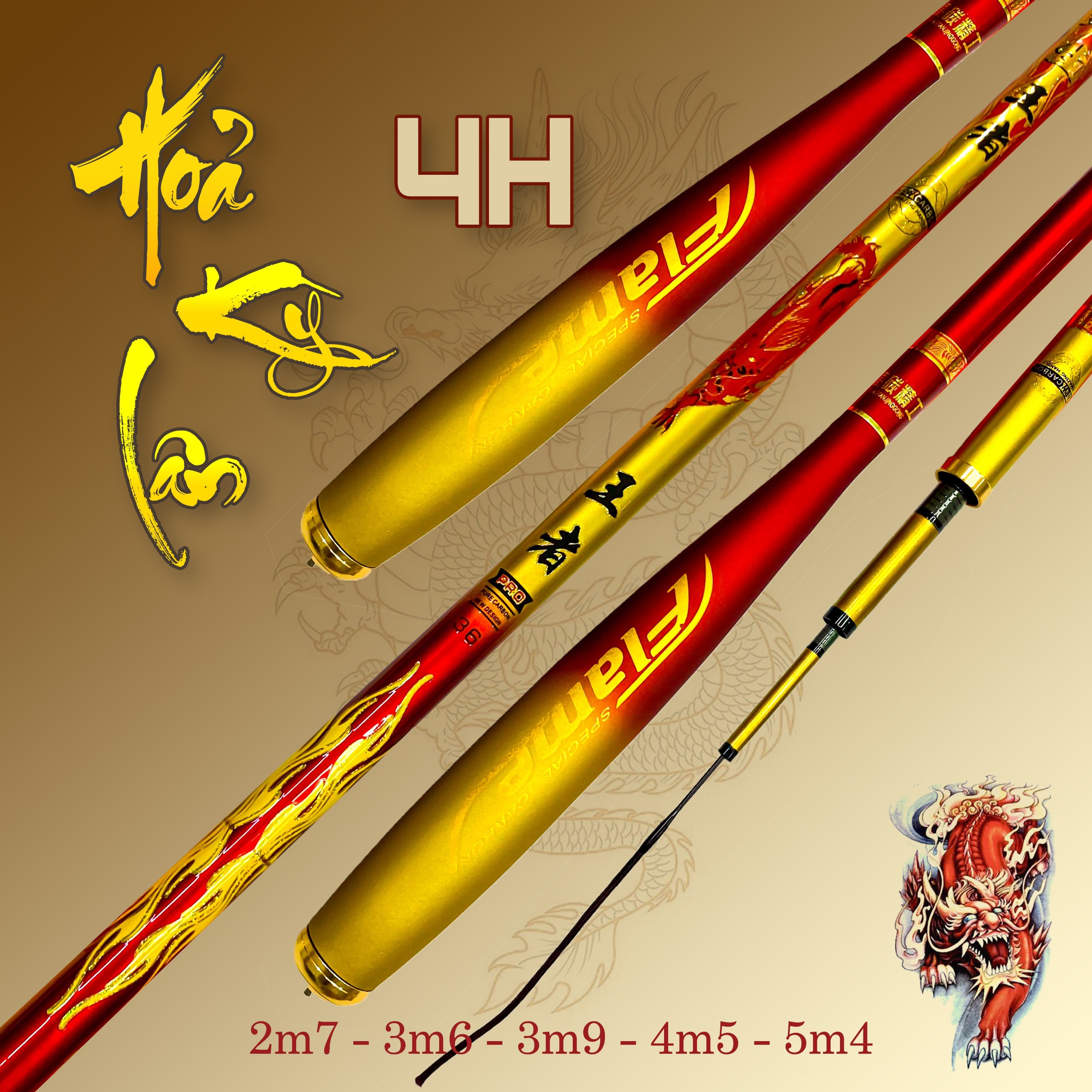 Cần câu tay hoả kì lân 4h , cần câu đơn đài chất liệu carbon xoắn toàn thân cao cấp - hoài my fishing