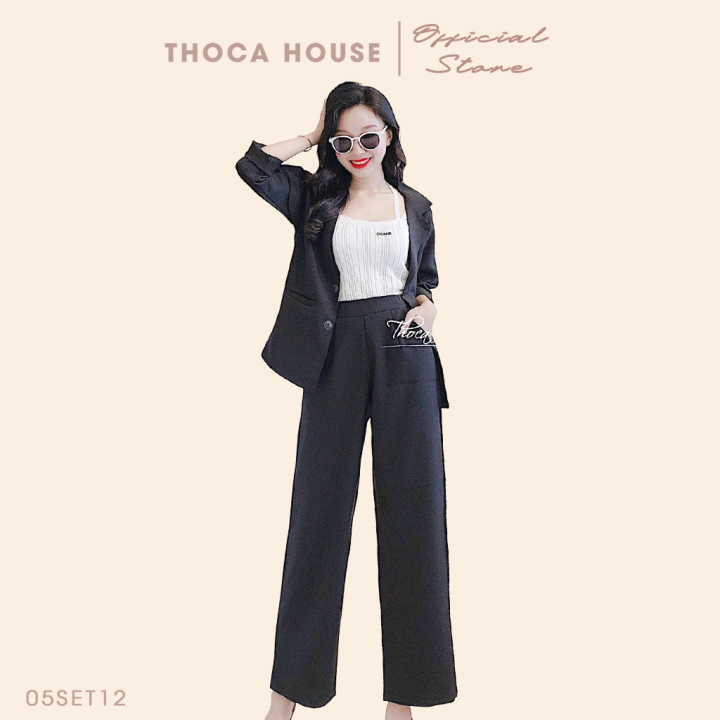 Set vest nữ - Áo blazer phối quần ống rộng nữ THOCA HOUSE 2 túi mổ 3 màu đen, xanh, tím phù hợp đi làm, đi học freesize dưới 56kg