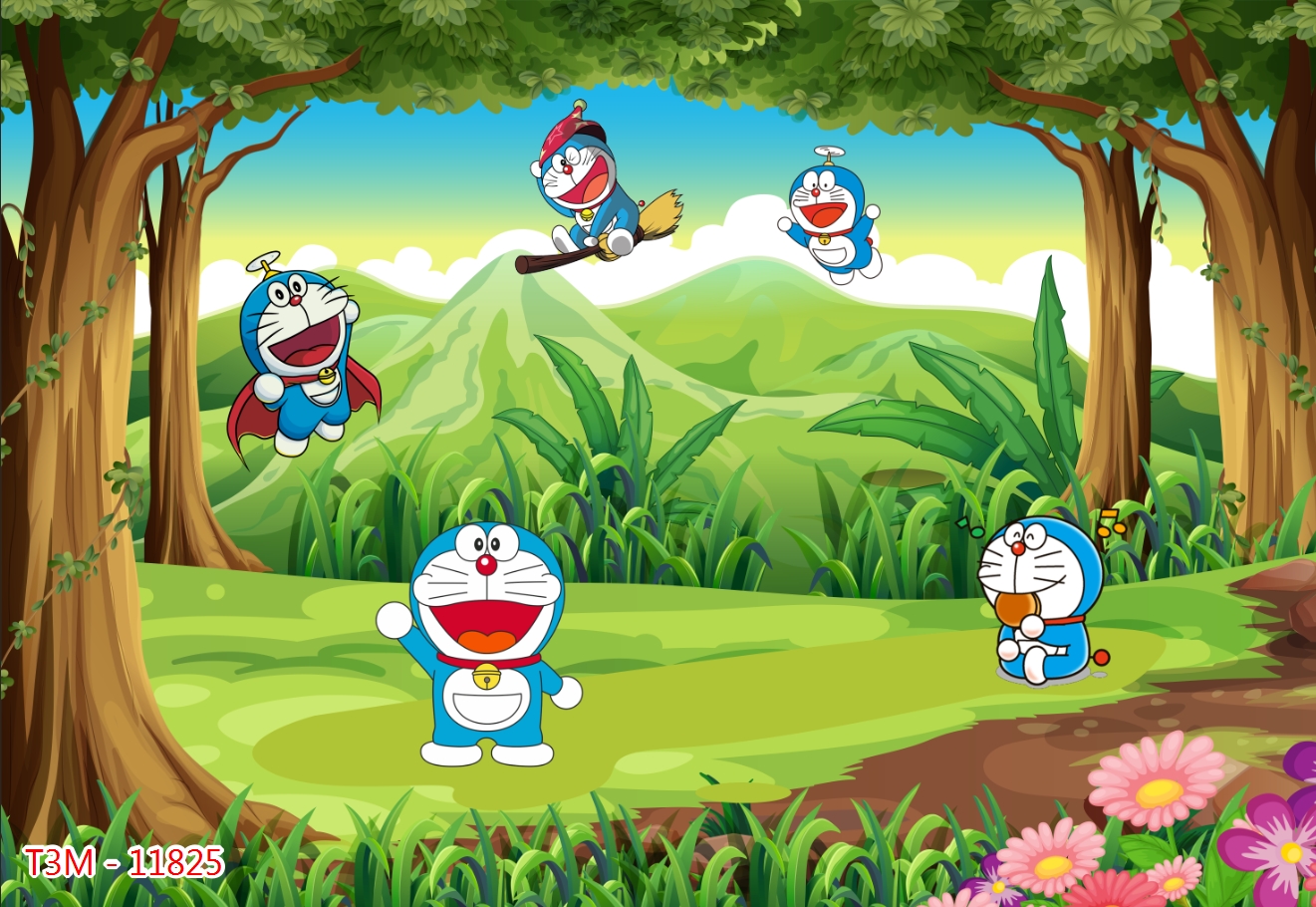Decal dán tường - Tranh dán tường 3D phủ kim sa Doraemon