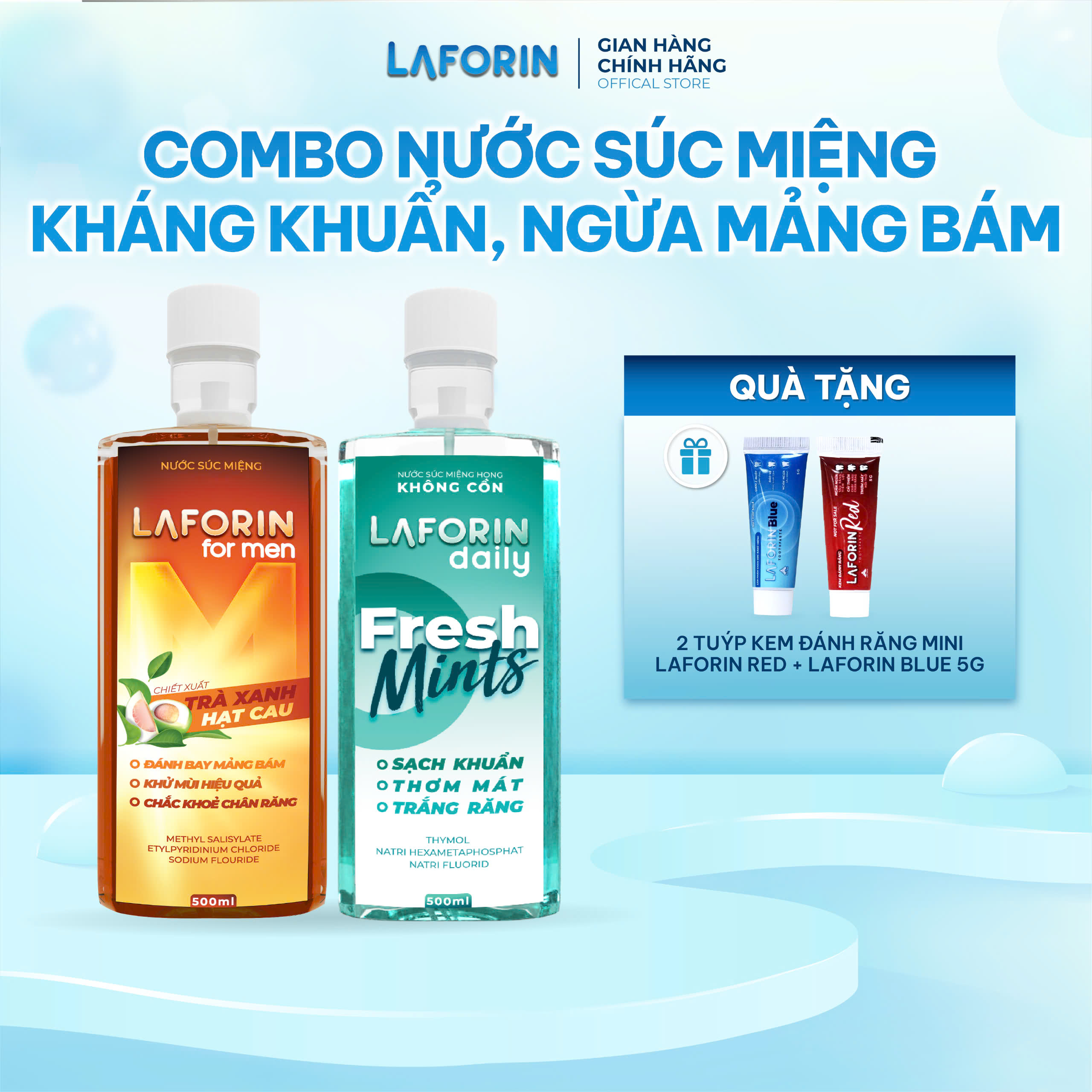 [Tặng khăn mặt và gel rửa tay Conadin] Bộ 2 chai nước súc miệng kháng khuẩn Laforin Daily và Laforin