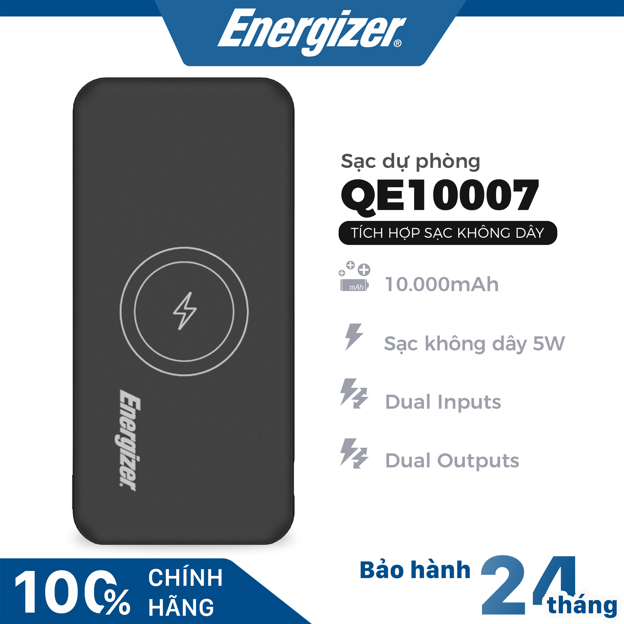 [BEST SELLER - WIRELESS CHARGING] Sạc dự phòng Energizer 10000mAh QE10007 -  tích hợp sạc không dây chuẩn Qi 5W, thiết kế gọn nhẹ tiện lợi - Hàng chính hãng