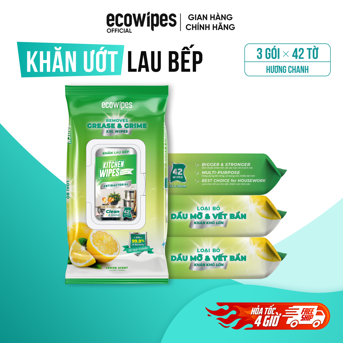 Combo 03 gói khăn ướt lau bếp Kitchen EcoWipes gói 42 tờ size 30x20cm giúp làm sạch dầu mỡ các vết bẩn cứng đầu trên nhiều bề mặt