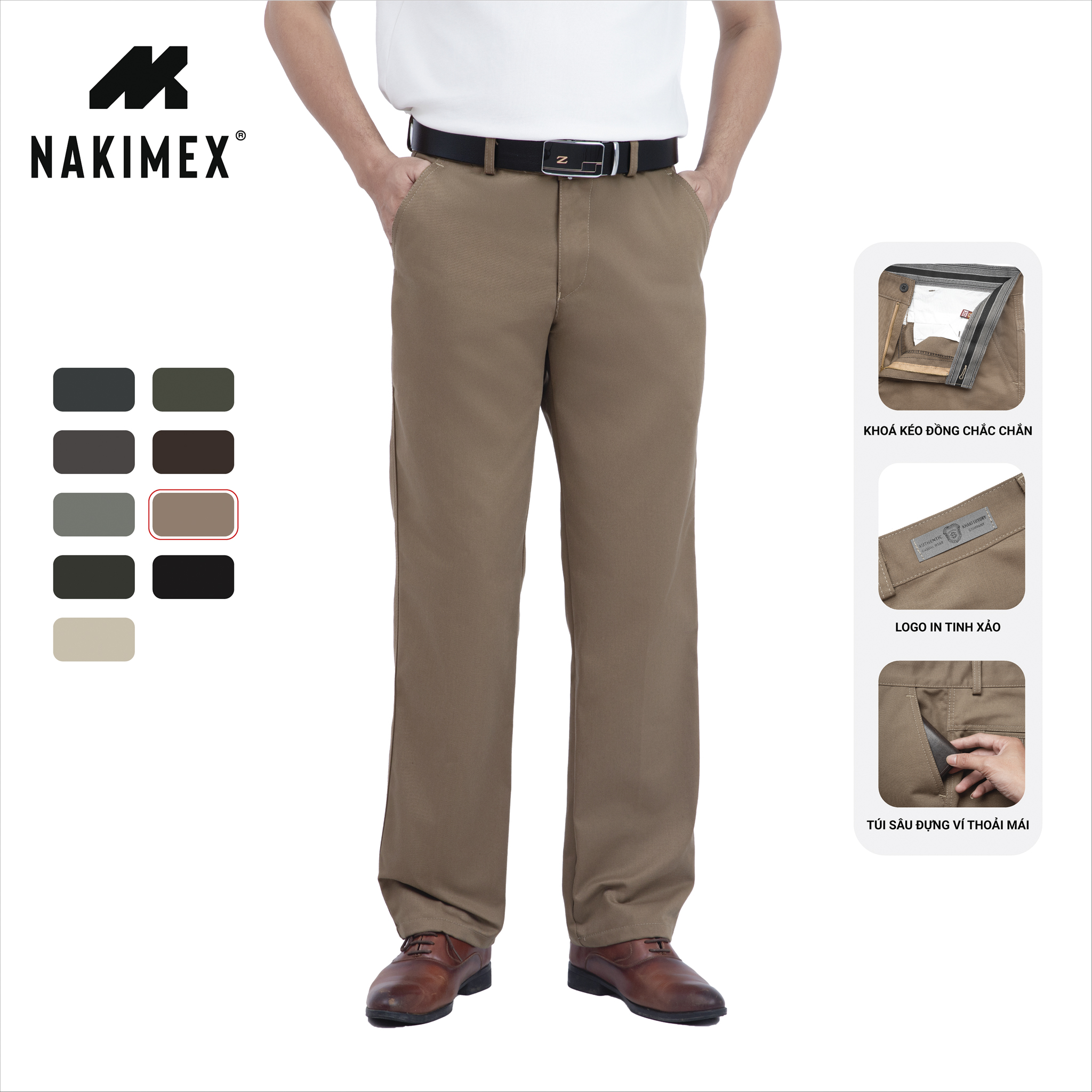 Quần Kaki Nam Trung Niên Màu Ca Cao Ống Suông Vải Dày Dặn Mềm Không Nhăn Form Chuẩn Mặc Đi Làm