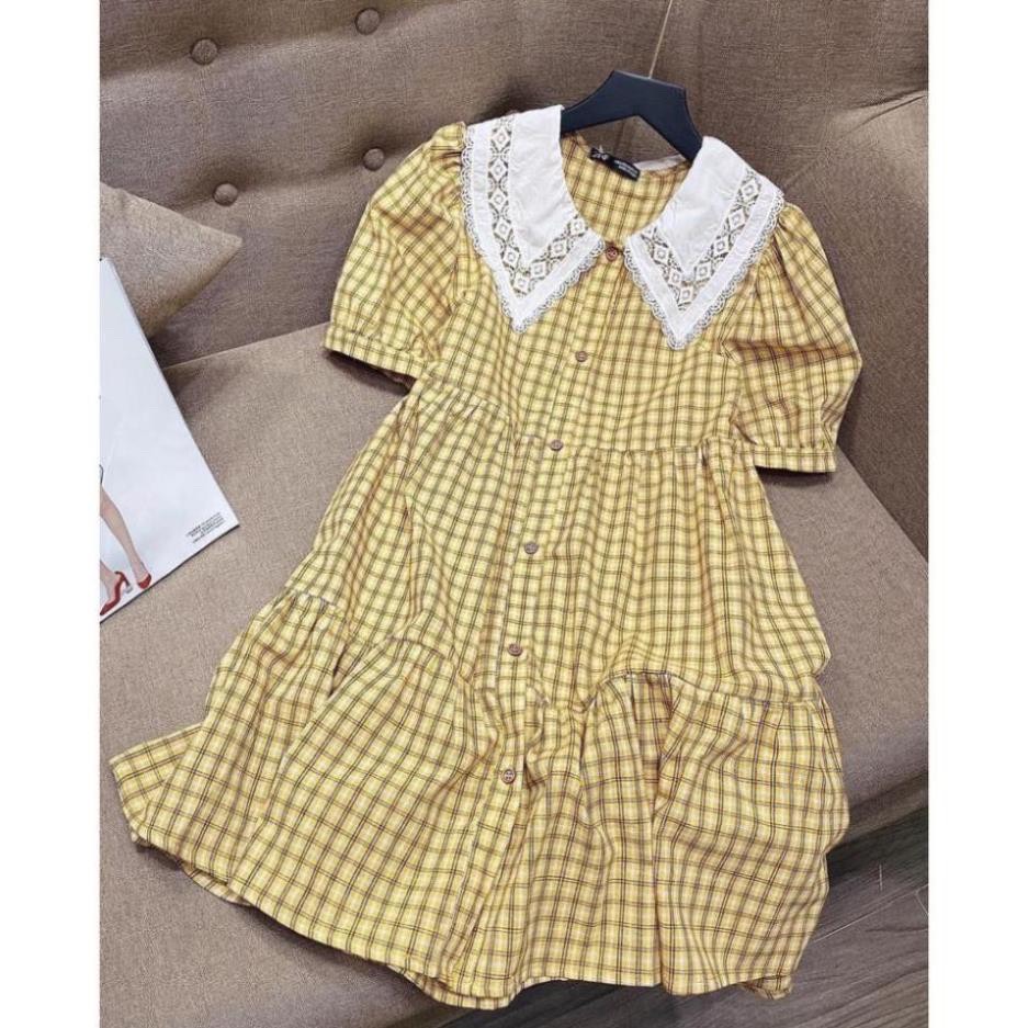 Váy Kẻ Vàng Phối Cổ Ren Dáng Vintage Hàng Đổ SHop