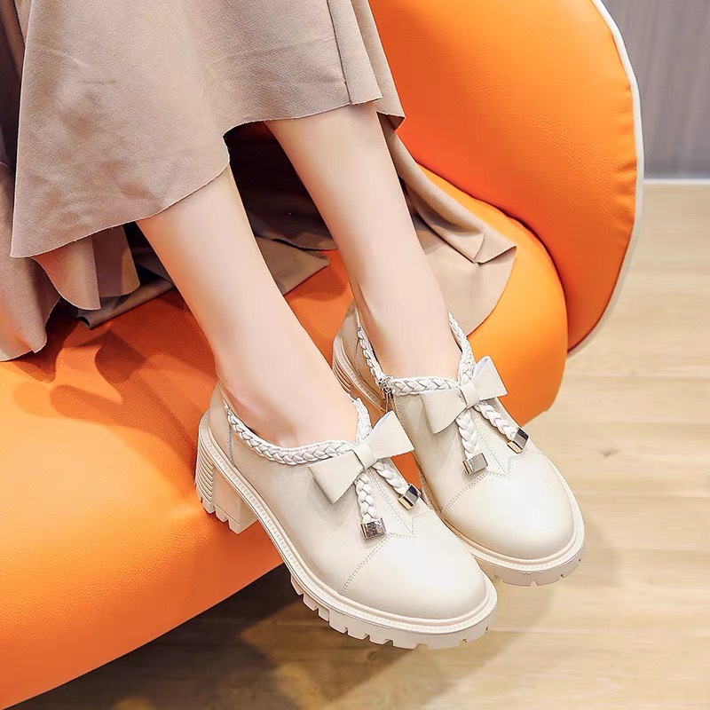 Giày oxford nữ chất da mềm đính nơ tết đế cao 5cm đi tôn dáng