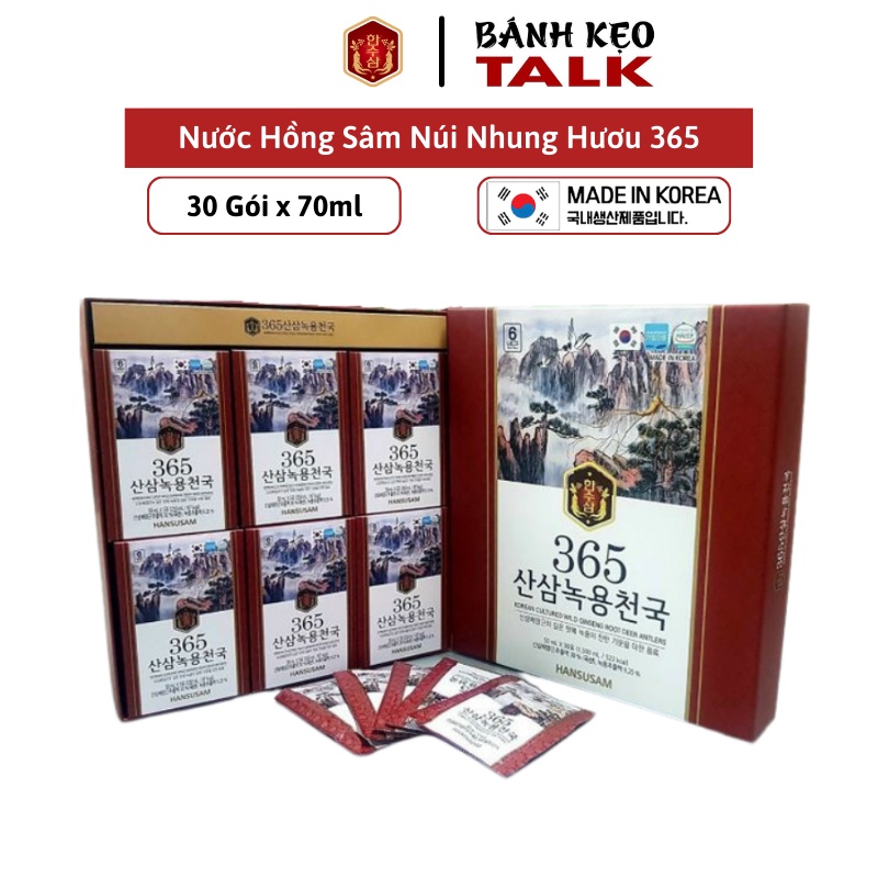 Nước hồng sâm nhung hươu núi 365 hansusam,hộp đẹp 30 gói x50ml kèm túi giấy tặng, biếu
