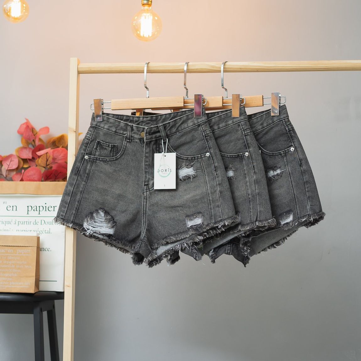 [HCM](Ảnh thật) Quần short jean nữ lưng cao phối rách cực đẹp Luxy House - AT74