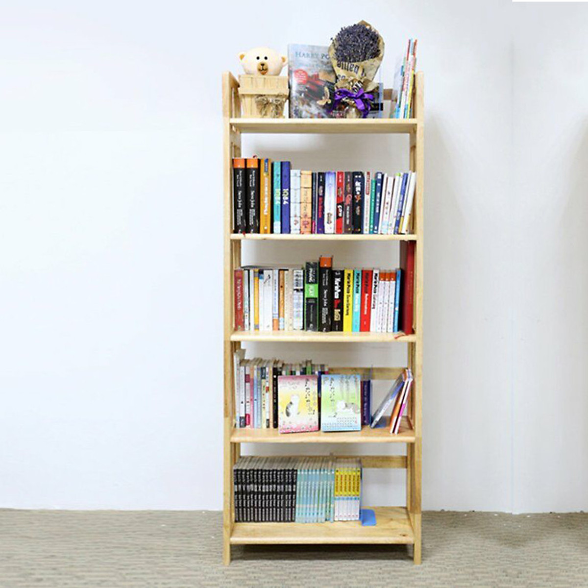 Kệ sách cao cấp 5 tầng 60 cm gỗ cao su , kệ gỗ trang trí bằng gỗ