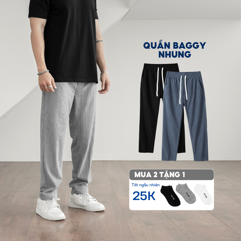 Quần baggy lưng thun nam BAMIHOME baggy nam nhung tổ ong QBG02