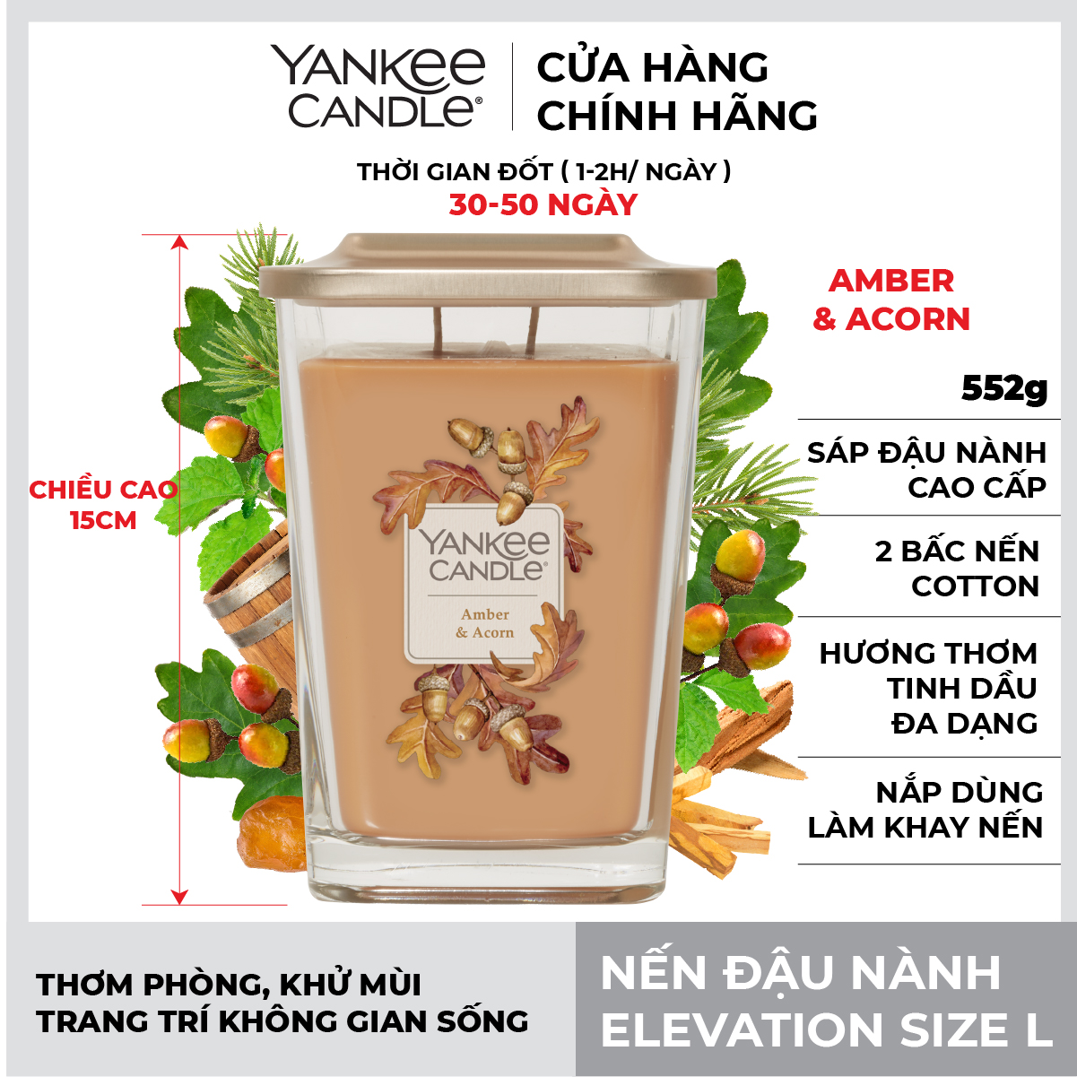 Nến ly vuông Elevation Yankee Candle size L - Amber & Acorn