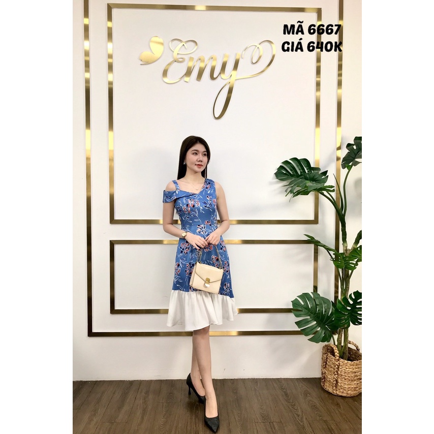 Đầm emy em6667 xòe midi sát nách nền xanh hoạ tiết