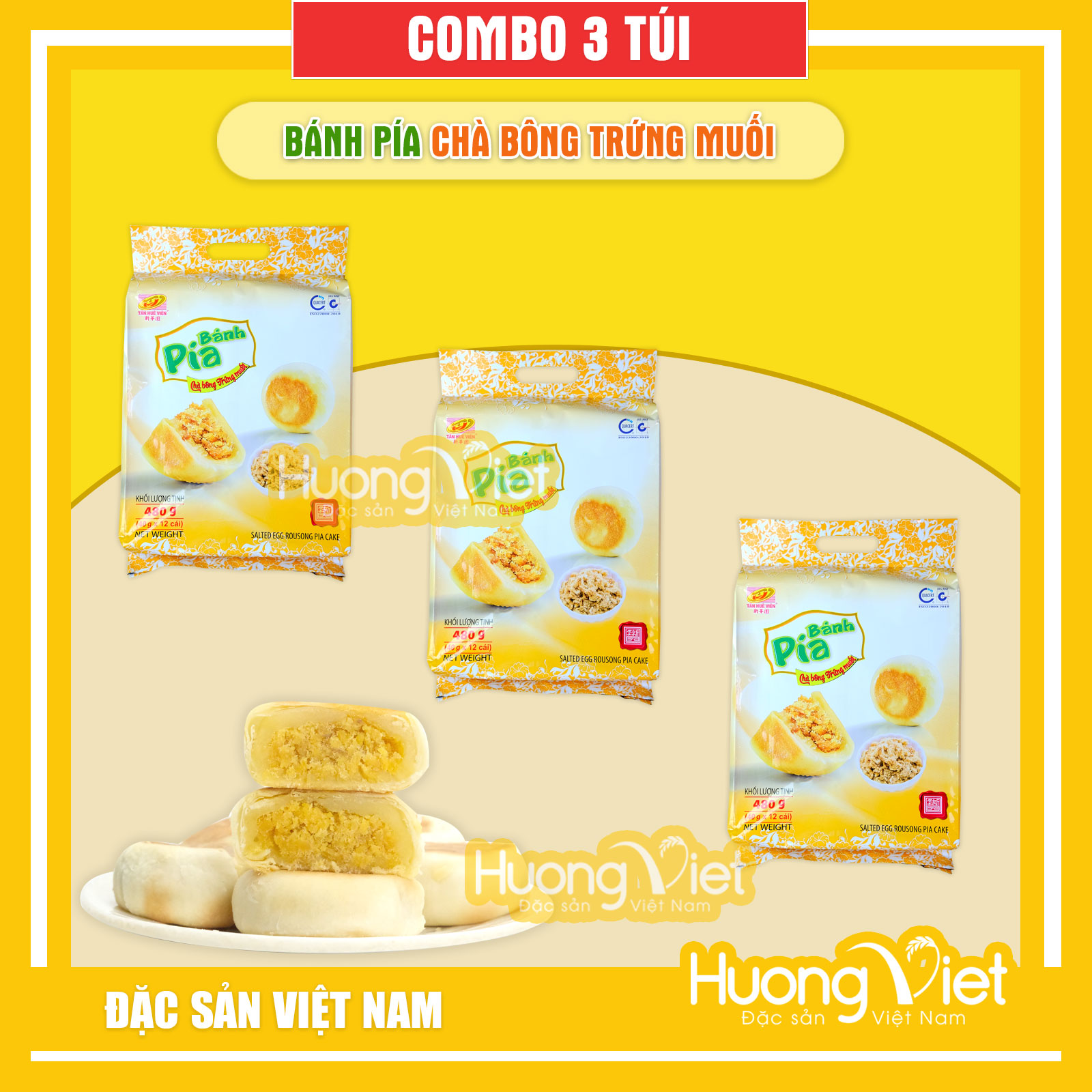 Combo 3 gói bánh pía chà bông trứng muối 480gr, bánh pía Tân Huê Viên, đặc sản Sóc Trăng