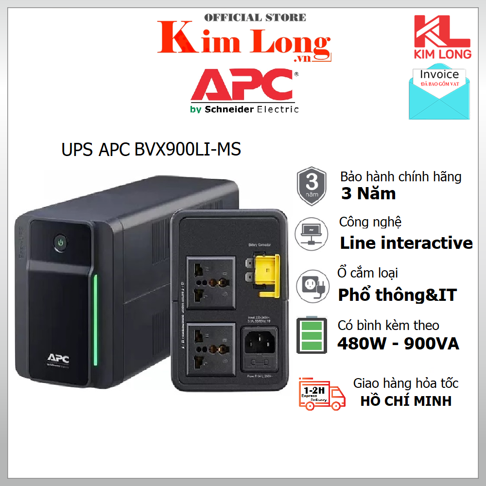 Bộ lưu điện ups apc bvx900li-ms công suất 480watts - 900va - bảo vệ quá tải, ngắn mạch, quá nhiệt - công nghệ chuyển mạch line interactive