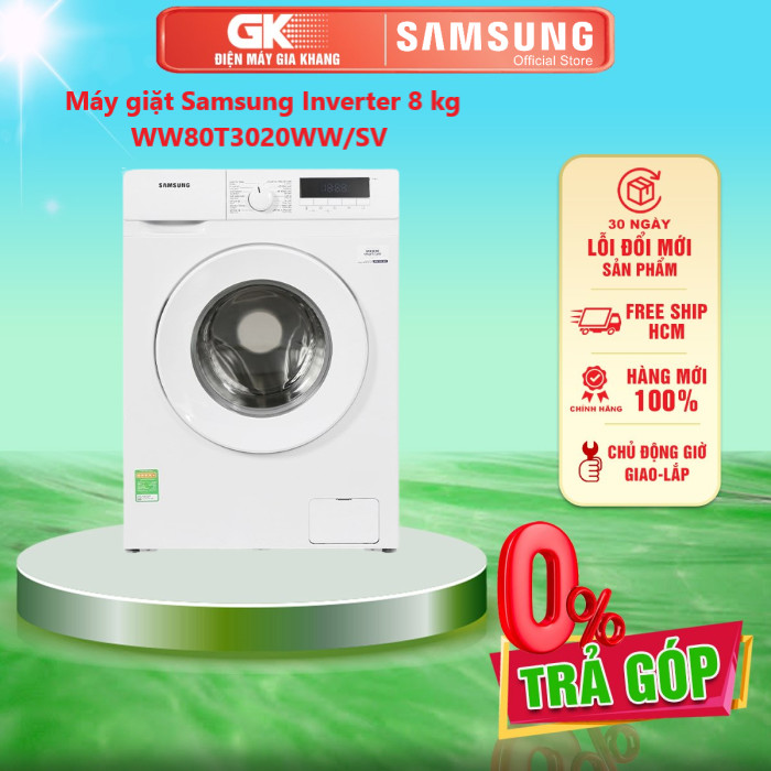 Máy giặt Samsung Inverter 8kg WW80T3020WW/SV - [HCM] [Trả Góp] - Vệ sinh lồng giặt Khóa trẻ em Hẹn giờ giặt Song ngữ Anh - Việt, có nút xoay, màn hình hiển thị - GIAO TOÀN QUỐC - FREESHIP