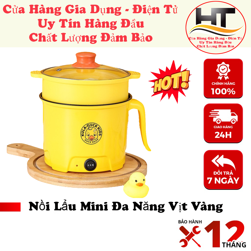 Nồi điện mini vịt vàng 2 tầng đa năng nấu cơm lẩu cháo chiên xào dung tích 1,8l- nồi lẩu mini, ca nấu mì bảo hành 12t
