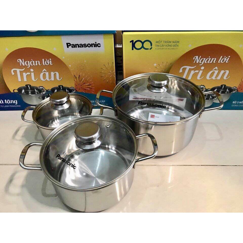 Bộ 3 nồi inox nắp kính Panasonic size 16-18-24cm- Bộ 3 nồi inox Cao cấp 3 đáy nắp kiếng Panasonic