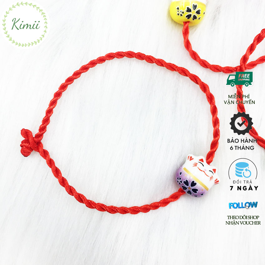 Vòng tay dây tim đỏ đính mèo may mắn V82, Vòng tay phong thủy, Vòng tay handmade
