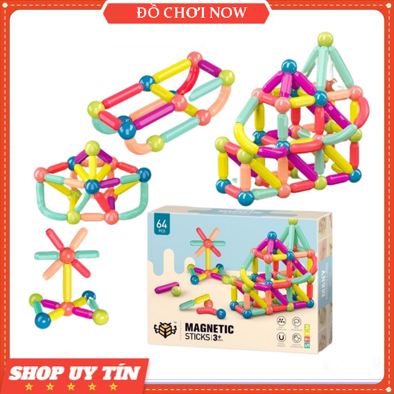 Đồ chơi ghép hình nam châm 64 chi tiết cho bé. Lego xếp hình nam châm cho bé