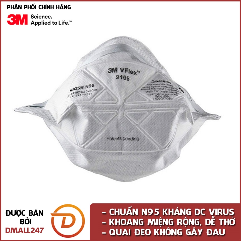 Khẩu trang dạng gấp Vflex chống virus, chống bụi, mùi hôi và kháng khuẩn N95 3M 9105 - Dmall247, bảo vệ hô hấp, dễ thở