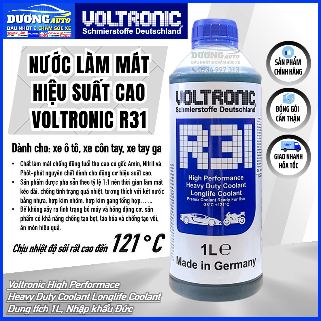Nước làm mát Voltronic R31 Premix – 1Lít nhập khẩu Đức, nước làm mát cao cấp dành cho xe Ô Tô, Xe máy , nước làm mát pha sẵn, xe côn tay, xe tay ga