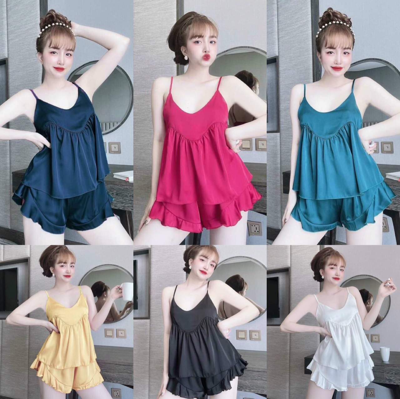 Đồ bộ đùi mặc nhà 2 dây quần bèo chất vải satin mềm mát DB0002