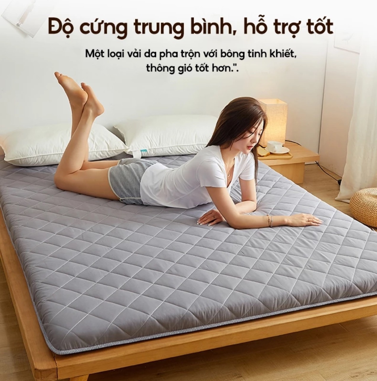 Nệm topper văn phòng TAKARA thế hệ mới gòn nguyên sinh kháng khuẩn, tấm đệm trải sàn tấm topper dễ gấp gọn