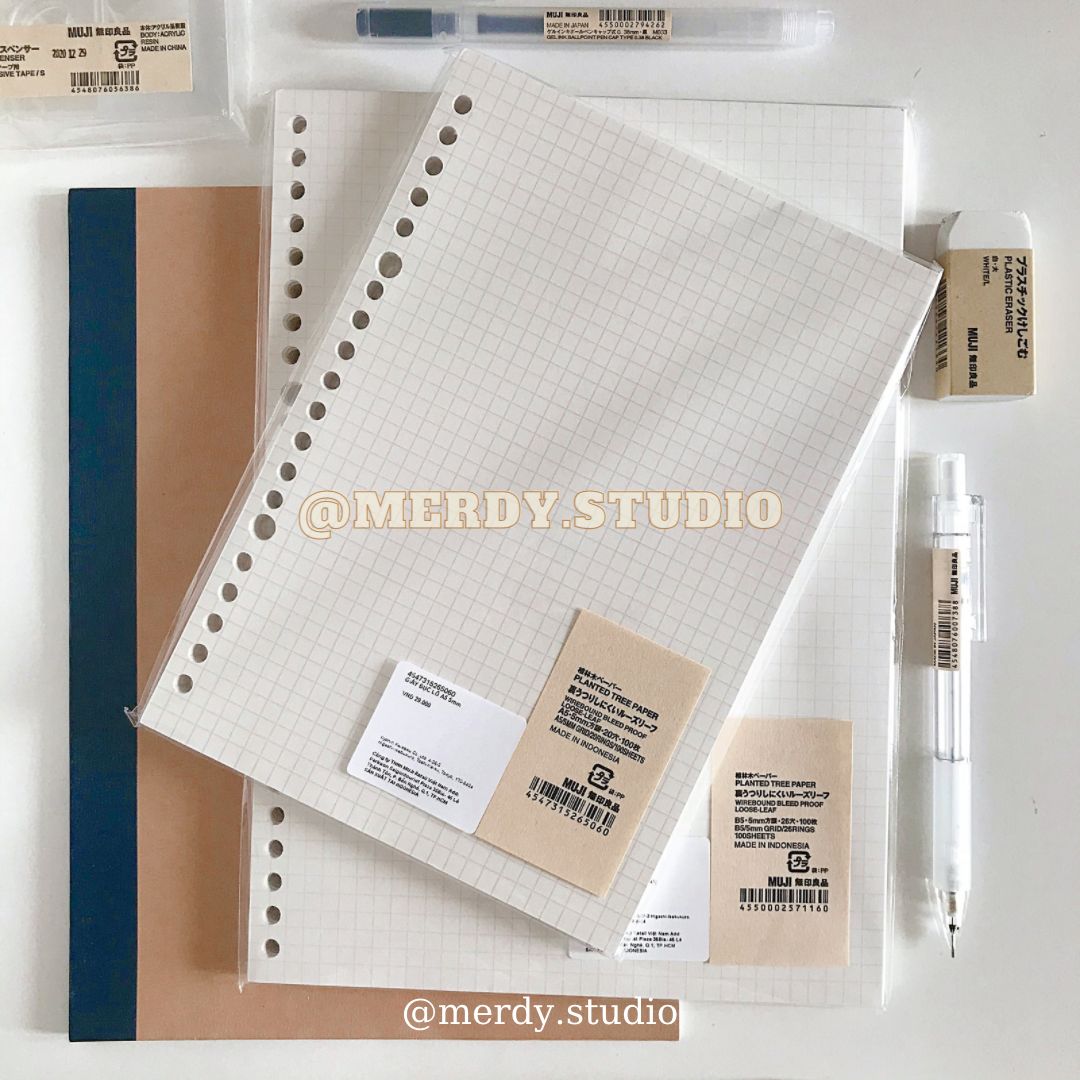 Giấy refill ruột sổ còng MUJI chính hãng 100 tờ kẻ ô vuông size B5, A5 - ảnh thật, có bill
