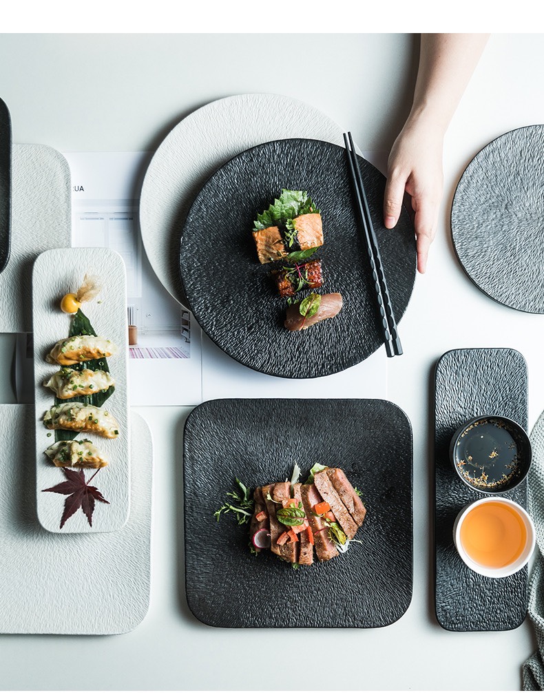 (HOT) Đĩa sứ Sarang vuông-tròn-sushi 2 màu trắng/đen- Đĩa main nhà hàng, sứ cao cấp xuất khẩu