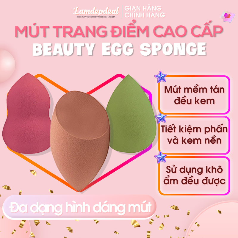 Mút tán kem nền cao cấp Beauty Egg Sponge - Mút trang điểm cao cấp với chất liệu dẻo dai đàn hồi không bị vỡ vụn - Sử dụng được cả ẩm và khô tiết kiệm phấn và kem nền. - Lamdepdeal